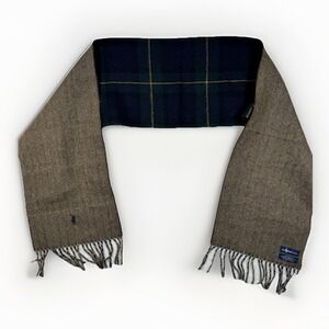 NWT Polo Ralph Lauren Reversible Lambswool Blend Fringe Scarf Mens Blue Plaid